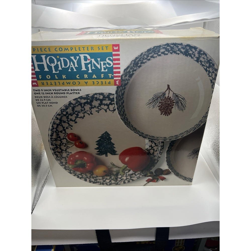 3pc Folkcraft Holiday Pines Chop Plate (Platter) 2 Serving Bowls Pinecone, Box - Picture 1 of 4